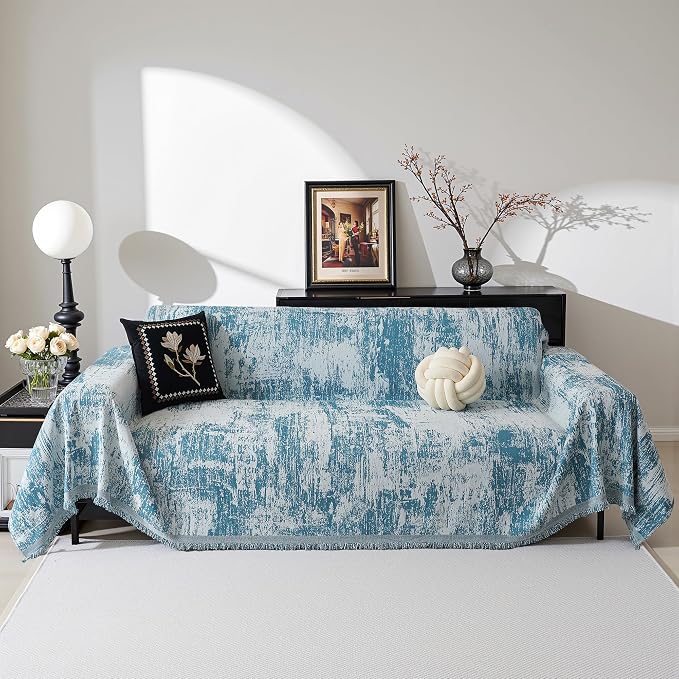 MEETSKY Boho Sofa Cover Sofa Slipcover Thick Chenille Blue Couch Cover for 3-4 Cushion Couch Sofa Reversible Universal Couch Cushion Cover XXL Sofa Protector for Dog Cat, 91"x150" - Image 2