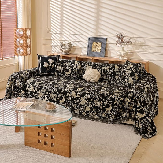 STACYPIK Vintage Botanical Floral Print Couch Cover for Pets, Chenille Jacquard Sofa Cover for 2 Cushion Couch,Multi-Use Furniture Protector, Non Slip Loveseat Slipcover for Sectional, Black-71X118IN by STACYPIK