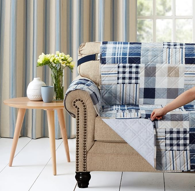 Brilliant Sunshine Blue Plaids and Stripes Patchwork Couch Cover, Quilted Large Sofa Slipcover, 70" Seat Width, Reversible Furniture Protector, 2" Strap, Washable Cover for Pets, Kids, Dogs, Cats,Blue | Non Slip Sofa Cover, Quilted Furniture Protector,... - Image 2