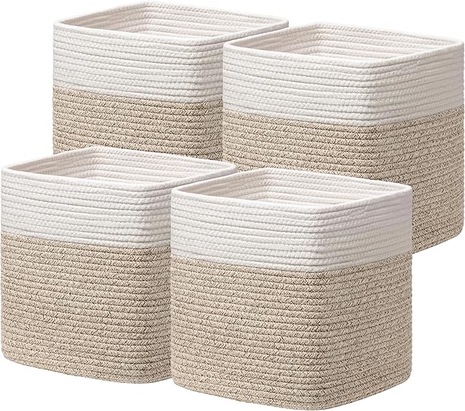 joybest 11inch Cube Storage Bins, Cotton Rope Woven Organizer Basket | Set of 4 Cube Bin Square Shelves Organizer Closet Storage, Nursery, Toy Organization, Brown&White by joybest