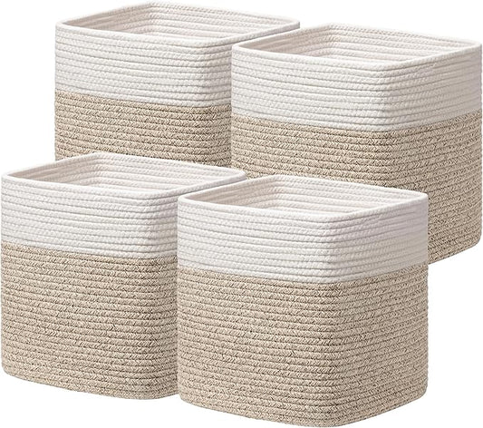joybest 11inch Cube Storage Bins, Cotton Rope Woven Organizer Basket | Set of 4 Cube Bin Square Shelves Organizer Closet Storage, Nursery, Toy Organization, Brown&White by joybest