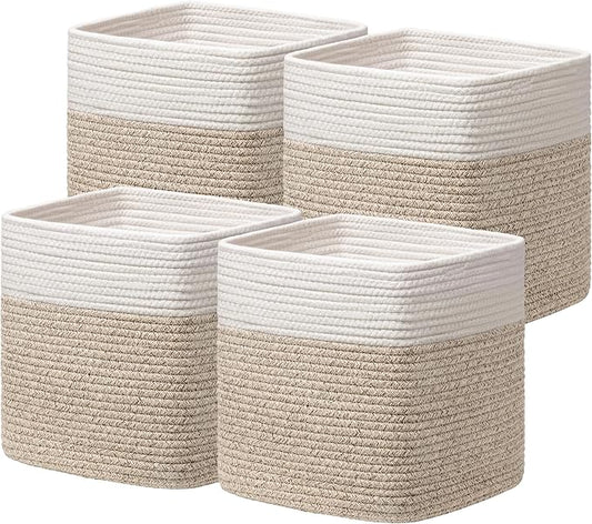 joybest 13inch Cube Storage Bins, Cotton Rope Woven Organizer Basket | Set of 4 Cube Bin Square Shelves Organizer Closet Storage, Nursery, Toy Organization, Brown&White by joybest