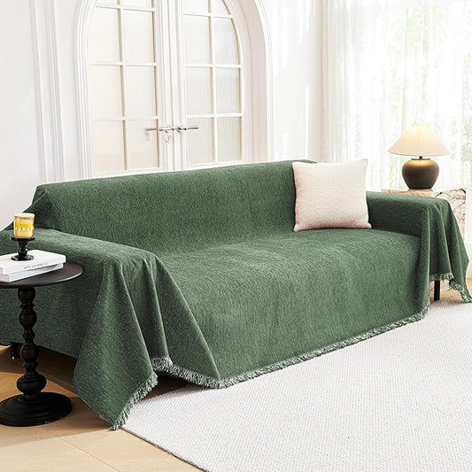 MYSKY HOME Couch Cover for Sofa Couch Covers for Pets, Non Slip Dogs Furniture Protector with Tassels for Living Room Non Slip Washable Furniture Protector Cover for Pet, Cat, 91"x118", Moss Green by MYSKYHOME