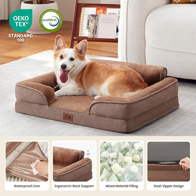 Orthopedic Dog Beds for Medium Size Dogs, Waterproof Egg-Crate Foam Pet Couch Bed with Soft Sides, Non-Slip Dog Sofa with Flannel Removable Washable Cover, 28" L Supportive Pet Sofa, Brown - Image 2