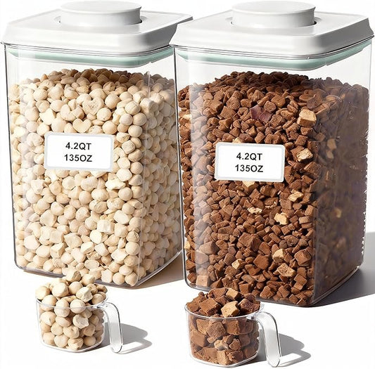 3-5 Lbs Dog Cat Treat Container Pop Pet Food Storage Container 4.2qt *2 | with 0.13qt Measure Scoop Airtight Stackable BPA-Free Pet Storage Bin Canister Pop Lid Plastic Container for Kibble & Treats by CozeyDaily