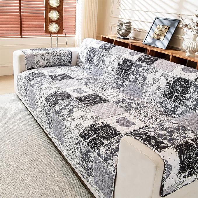 Cmfshape Skidproof Sofa Cover-Grey Rose Sofa Slipcover with Elastic Straps-Easy Fit Slip Cover-Patchwork Washable Furniture Protector for Pets and Kids(Sofa,Grey) - Image 7