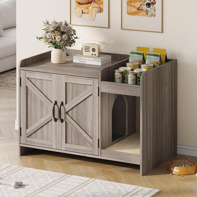 Halitaa Cat Litter Box Enclosure, Hidden Litter Box Furniture with Scratch Pad and Storage, Modern Indoor Cat House with Divider, Side End Table, Grey - Image 7