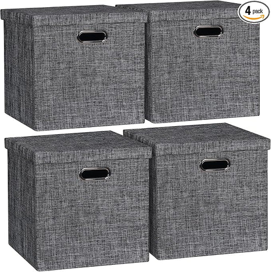 Posprica Storage Bins with Lids,13×13×13 Foldable Storage Cube Baskets Boxes Fabric Drawers for Closet Shelf Cabinet Bookcase,Set of 4,Black by Posprica
