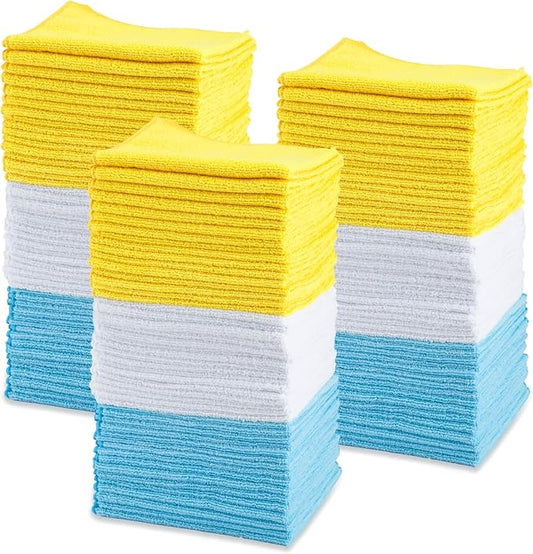 Amazon Basics Microfiber Cleaning Cloths for Cars, Non-Abrasive, Highly Absorbent, Lint and Scratch-Free, Reusable and Washable, Car Detailing Towels, 16" x 12", Blue/White/Yellow, 144-Pack by AmazonBasics