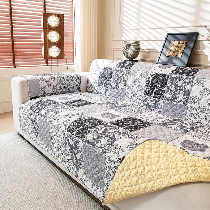 Cmfshape Skidproof Sofa Cover-Grey Rose Sofa Slipcover with Elastic Straps-Easy Fit Slip Cover-Patchwork Washable Furniture Protector for Pets and Kids(Sofa,Grey) - Image 3