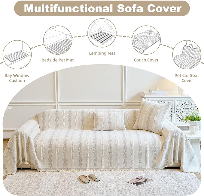 Couch Cover for Dogs Washable Sofa Cover, Sectional Couch Covers, Sofa Covers for 2 Cushion Couch, Non Slip Stripe Sofa Slipcovers Furniture Protector (Beige, 91 * 118) - Image 5