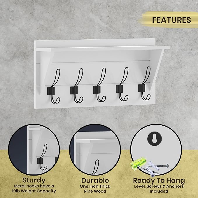 HBCY Creations 24" Wall Mounted Storage Rack - Pine Wood Construction - Solid White Finish - Upper Storage Shelf - 5 Hooks - Ideal for Entryway, Kitchen, Bathroom - Image 2
