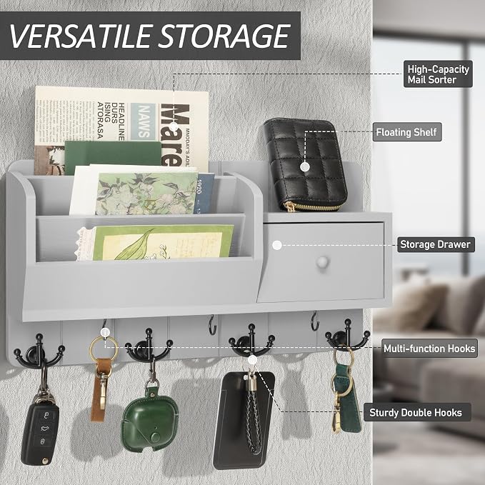 Rebee Vision Key Holder Wall Mount with Drawer, for Home Decor, Light Gray | Mail and Key Organizer for Wall, Drawer Storage, Hanging Hooks, Letter Organization, Apartment Essential, Home Decor Accent - Image 4