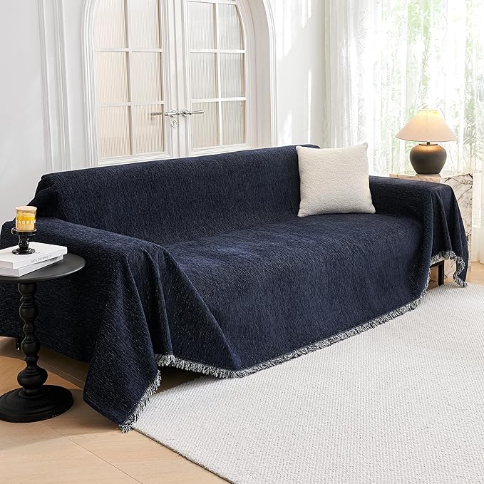 MYSKY HOME Couch Cover for Dogs Washable Couch Covers for 3 Cushion Couch Sofa Super Soft Sofa Slipcover Non Slip Sofa Cover, Chenille Sofa Covers for Dogs, Furniture Protector, 91"x134", Navy Blue by MYSKYHOME