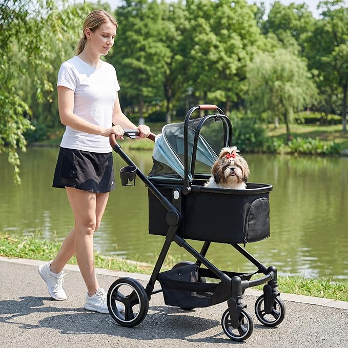 Foldable Dog Stroller, 3 in 1 Pet Stroller for Small Medium Dog Cat up to 50lbs, Detachble Portable Pet Bag, Storage Basket and One-Button Folding Frame