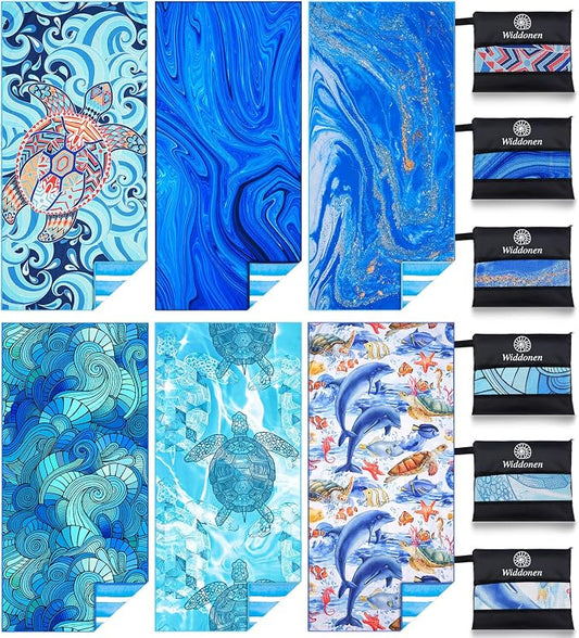 Widdonen Microfiber Beach Towel,Compact 6 Pack-71x32 Inch with Bag Travel | Extra Large,Lightweight,Thin,Sand Free,Quick Dry,Absorbent.Packable for Camping,Swim,Pool,Bath,Picnic,Cruise Essentials Gift by WIDDONEN