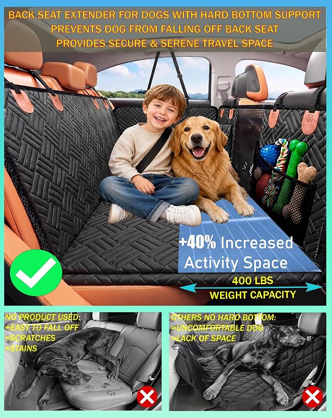Dog Car Seat Cover for Back Seat with Hard Bottom, Back Seat Extender for Dogs, Waterproof Dog Hammock Holds 400Lbs, 600D Oxford Fabric Anti-Scratch Nonslip Pet Seat Protector - Image 2