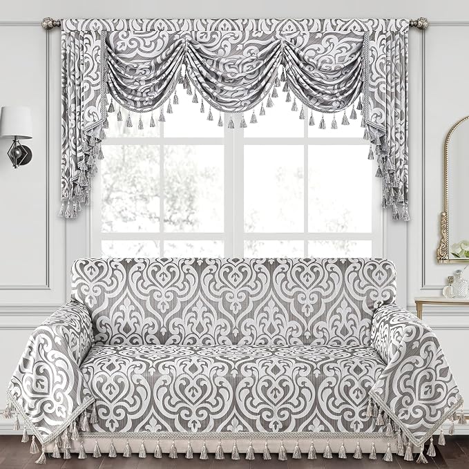 Loom and Mill Modern Damask Sofa Throw Covers, Sliver Gray, 71"x118" | Luxury Couch Cover with Elegant Tassels, Fits 2-3 Cushion Couches & Sectional Sofas, Protects against Dogs, Pets & Daily Wear - Image 2