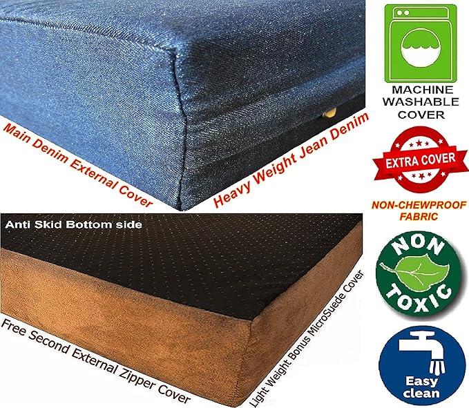 Dogbed4less Extra Large Orthopedic Memory Foam Dog Bed for Large Dogs with Durable Waterproof Internal Case, Removable Washable Denim Cover and Bonus Pet Bed Cover, 47X29X4 Fits 48X30 Dog Crate, Blue - Image 3