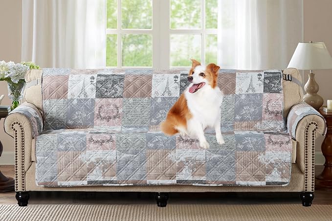 Brilliant Sunshine Latte Grey Paris & Toile Couch Cover, 78" seat | Non Slip Sofa Cover, Patchwork Design, Quilted Furniture Protector, Extra Large Washable Slipcover for Pets, Dogs & Cats by BrilliantSunshine