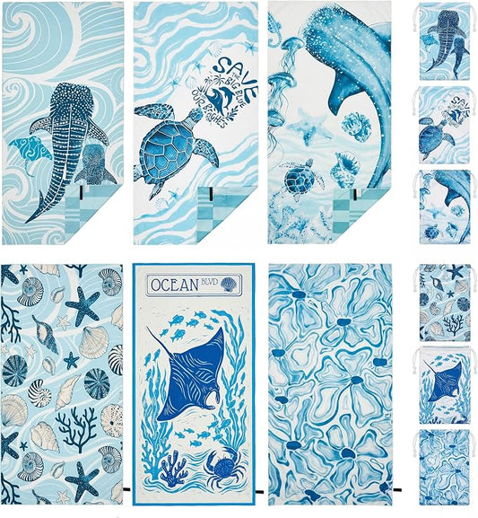 6 Pack Microfiber Beach Towel Set with 6pcs Travel Bag 71*36'' Blue | Quick Dry XL Beach Towels for Cruise Pool Yoga Gym Gift, Lightweight Absorbent Sandproof Compact Towels Beach Essentials by BEAQLIO