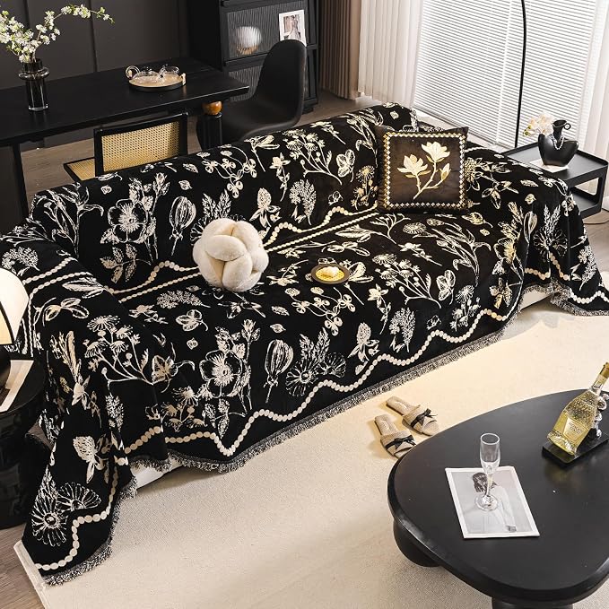 STACYPIK Vintage Jacquard Floral Couch Cover for Dogs, Washable Black Garden Sofa Cover for 3 Cushion Couch, Anti Slip Sofa Covers for Sectional, Boho Chenille Pets Protector for Living Room-71X134IN - Image 9