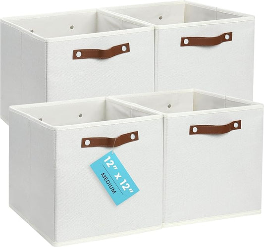 OrganiHaus 12x12 Cube Storage Bins, Set of 4 - Fabric Storage Cubes | Sturdy, holds its shape; odor-free; fits 12-inch cube shelves; vegan leather handles by OrganiHaus