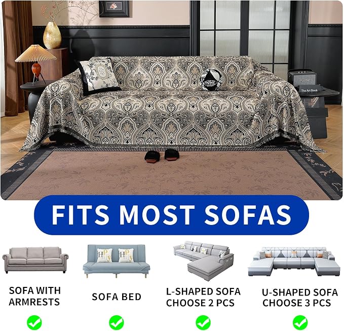 Vintage Couch Covers for Sofa Washable Sofa Covers for 3 Cushion Couch Non Slip Couch Covers for sectional Sofa Chenille Jacquard Furniture Protector for Dogs Pet Friendly Black, 91"x134" - Image 6
