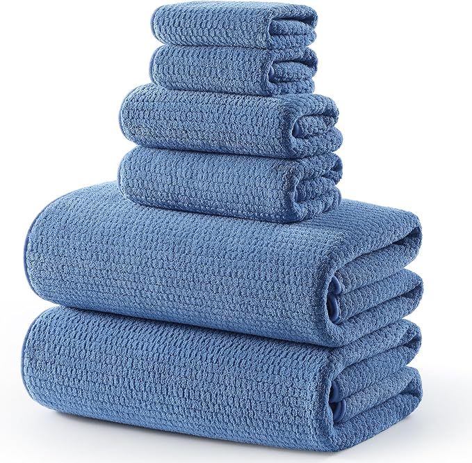 ecolook Microfiber Large Bath Towel Set of 6, Soft & Highly Absorbent, Blue | 2 Oversized Bath Towels (35"x70"), 2 Hand & 2 Washcloths | Quick Dry, Low Lint Towels for Bathroom, Spa, Gym, Hotel & Travel by Unknown