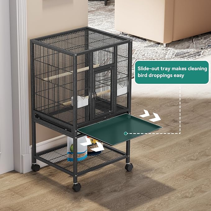 YITAHOME 41 inches Metal Bird Cage for Parakeets: Large Parrot Cages with Tray, Food Boxes, and Wooden Perches with Rolling Stand & Brakes for Lovebirds Cockatiels Pigeon Finches, Black | Large Parrot Cages with Tray, Food Boxes, and Wooden Perches wit... - Image 3