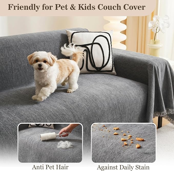 MEETSKY Grey Sofa Cover for Dogs Cats Tassel Edge Couch Cover Furniture Protectors Universal Couch Cover Thick Durable Sectional Couch Covers for 3 Cushion Couch, 91"x 118", Dark Grey - Image 2