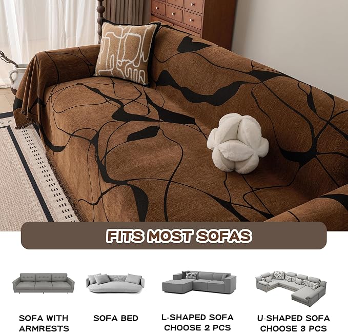 MEETSKY Couch Cover Washable for Dogs, Chenille Loveseat Sofa Covers Pet Friendly Marble Patterned Couch Covers Thick Dark Brown Soft Slipcover, 71" x 118" - Image 6