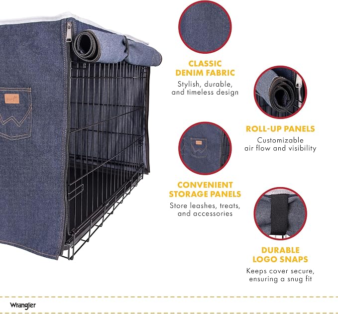 Wrangler Denim Dog Crate Cover – Durable, Breathable & Stylish Dog Kennel Cover with Rollable Panels & Front Pocket for Accesories - Machine Washable Crate Covers for Dog Cages (M) - Image 3