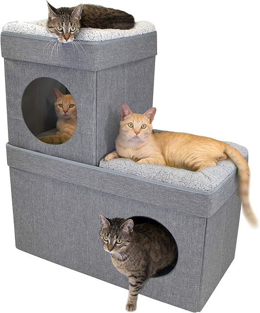 Kitty City Large Stackable Cat Condo & Cube House, Modular Indoor Cat Furniture with Plush Washable Beds, Collapsible Cat Cave & Lounging Ottoman, Grey by KittyCity