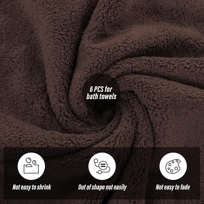 MOONQUEEN 6 Pack Premium Bath Towel Set - Quick Drying - Microfiber Coral Velvet Highly Absorbent Towels - Multipurpose Use as Bath Fitness, Bathroom, Shower, Sports, Yoga Towel (Wood Brown) - Image 4