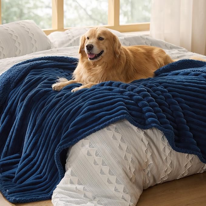 Bedsure ComfyFleece™ Waterproof Blanket for Bed, Twin（60"x80"） Navy Blue | Soft Plush Couch Bed Cover Corduroy Fleece for Furniture Protector, Cozy Calming Reversible Dog Blankets for Large Dogs Pet by Unknown