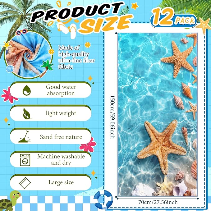 Remagr 12 Pcs Oversized Microfiber Beach Towels Bulk 60"x 28" Extra Large Quick Dry Absorbent Sand Free Towels for Adults, Pool, Travel, Swim, Yoga, Gym (Oceans and Animals) - Image 2
