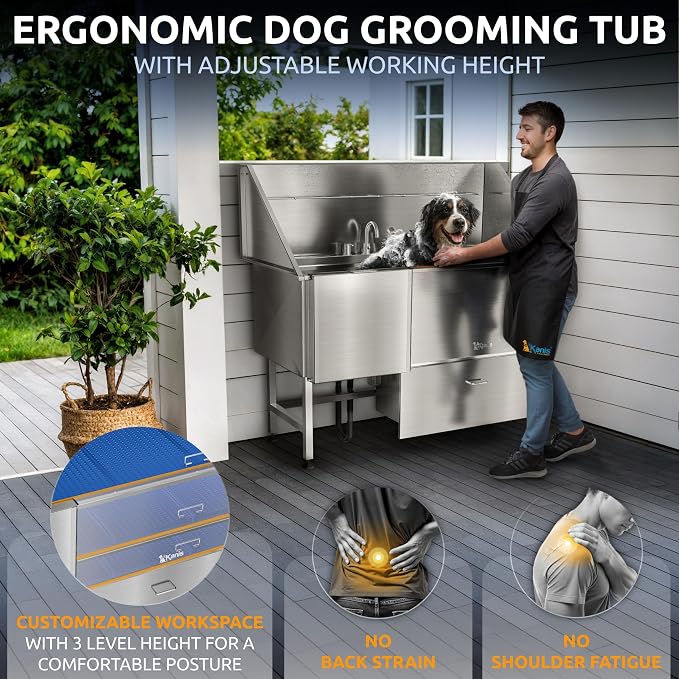 KANIS Professional Dog Washing Station 304 Stainless Steel Pet Wash Sink | Grooming Bathtub w/Shower, Floor Grates and Storage for Large, Medium & Small Pets (Silver, 61 Inches, Left Ramp, 1 Drawer) - Image 5