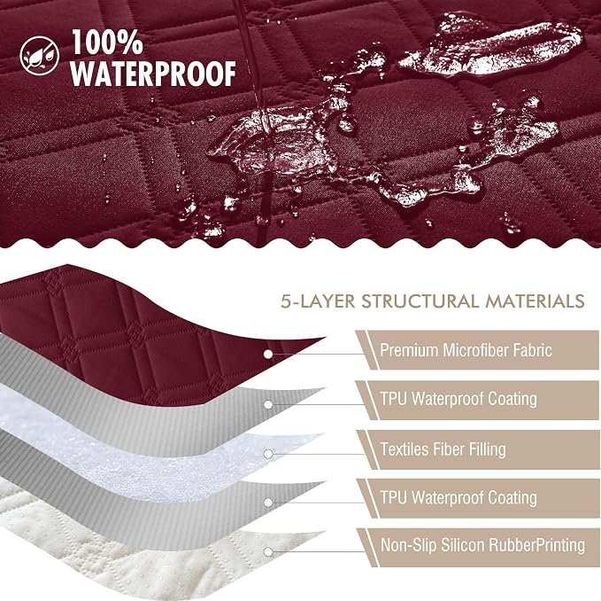 Genina Waterproof Couch Cover,Washable Anti-Slip 78inch Sofa Covers with 3 Cushions,Sectional Couch Covers for Pets Friendly, Sofa Slipcovers for Dogs Cats(78inch/Burgundy) - Image 5