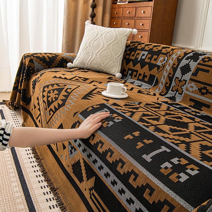 VClife Boho Couch Cover, Aztec Sofa Cover for Dog, Non Slip Washable Couch Covers for 2 Cushion Couch Sofa, Reversible Triangle Geometric Loveseat Cover Furniture Protector (Black-Pumpkin, 71" x 118") - Image 9