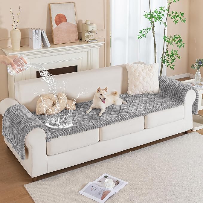 PuTian 100% Waterproof Fuzzy Couch Cover for Dogs Light Grey 27.6"x27.6" | Pet Friendly Dog Mat for Couch, Waterproof Sofa Protector, Scratch Resistant Furniture Cover for Dogs, Machine Washable - Image 2