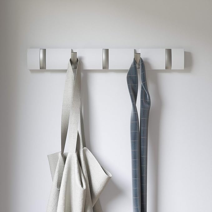 Umbra Flip Coat Rack, Wall Mounted 5-Hook Space Saving, White/Nickel | Real wood and steel build, retractable hooks fold flat, holds coats bags and scarves, easy install - Image 11
