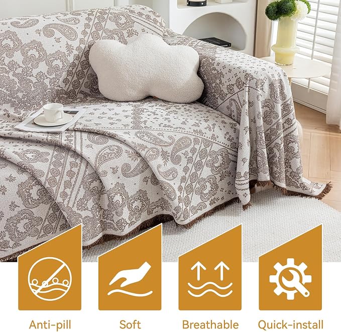 Deep Dream Boho Couch Cover Blanket, Soft Chenille Sofa Covers for 3 Cushion Couch, Sofa Slipcovers Washable Living Room Furniture Protector for Dogs Pets (Khaki, 71"x134") - Image 6