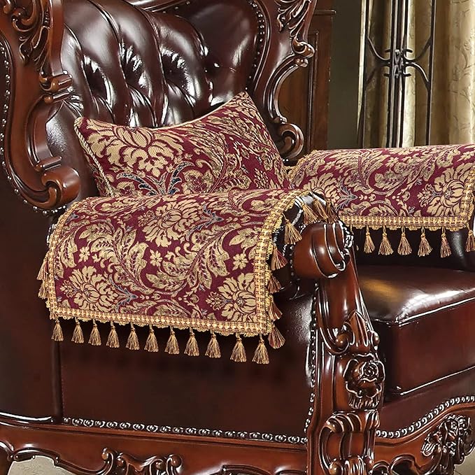 Loom and Mill Luxury Jacquard Sofa Arm Covers 2 PCS, Burgundy Red, 14x14in | Elegant Damask Couch Armrest Cover with Tassels, Non-Slip Furniture Protector for Chair Sofa Recliners Couch Dogs Pets by LoomandMill