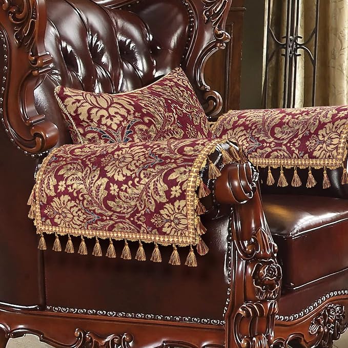 Loom and Mill Luxury Jacquard Sofa Arm Covers 2 PCS, Burgundy Red, 20x24in | Elegant Damask Couch Armrest Cover with Tassels, Non-Slip Furniture Protector for Chair Sofa Recliners Couch Dogs Pets by LoomandMill