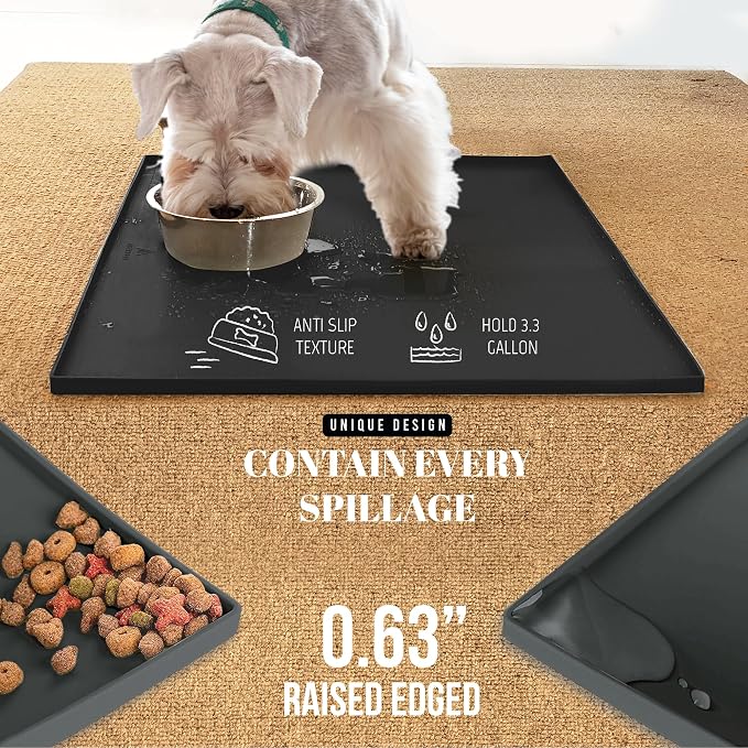AVERYDAY 100% Waterproof Thicker Silicone Dog Food Mat, 0.63'' Raised Edge Bowl Mat for Food & Water, Non Slip Pet Feeding Placemat for Messy Drinkers, Perfect for Large Medium Small Breeds, 18"x10" - Image 3