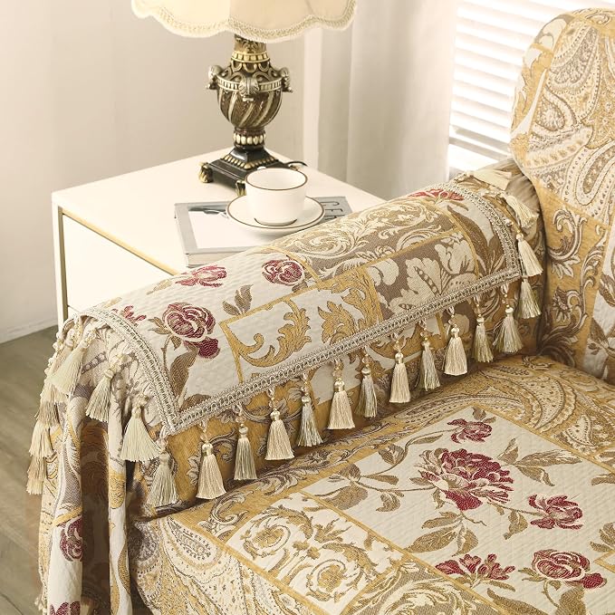 Loom and Mill Luxury Jacquard Sofa Arm Covers 2 PCS, Beige Yellow, 20x24in | Damask Patchwork Couch Armrest Cover with Tassels, Non-Slip Furniture Protector for Chair Sofa Recliners Couch Dogs Pets - Image 5