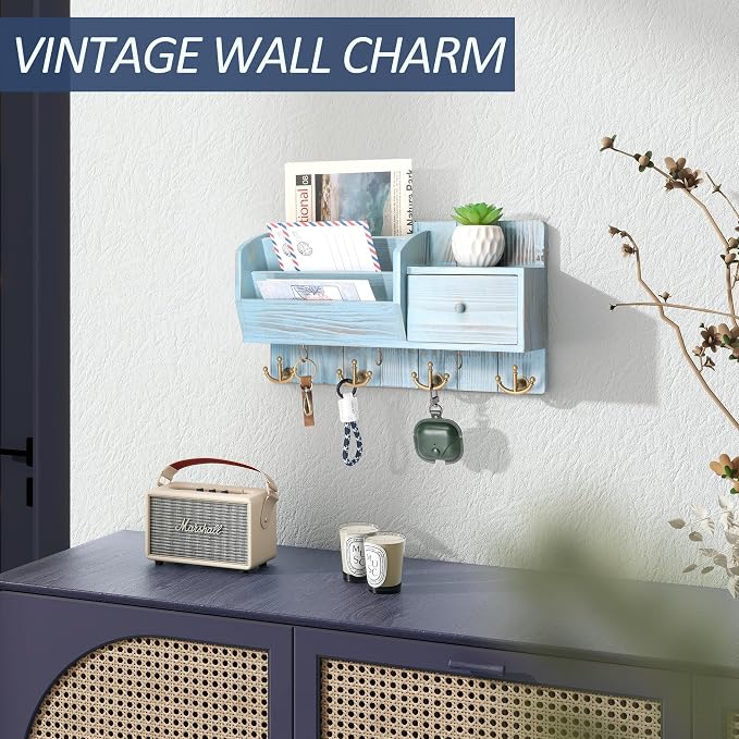 Rebee Vision Key Holder Wall Mount for Room Decor, Distressed Blue | Pine Wood Mail and Key Organizer for Wall, with 7 Hooks, Drawer Organizer, Ideal Storage Solution for Home Improvement - Image 5