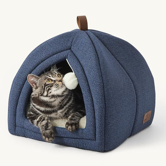 Bedsure 2in1 Cat Beds for Indoor Cats Cave for Kitten with Washable Pillow | 16in, Cat House for Small Pet, Covered Cat Tent, Foldable Hideaway, Fluffy Ball, Anti Slip Bottom, Removable Cushioned ,Navy by Unknown