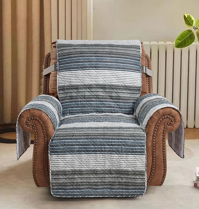 Brilliant Sunshine Multi Grey Stripes Couch Recliner Cover, 26" seat | Non Slip Sofa Cover, Quilted Furniture Protector, Washable Reclining Chair Slipcover for Pets, Dogs - Image 2